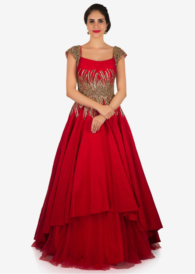 Image for Red Gown in Double Layer of Raw Silk and Net with Embroidered Bodice with ID of: 2325801