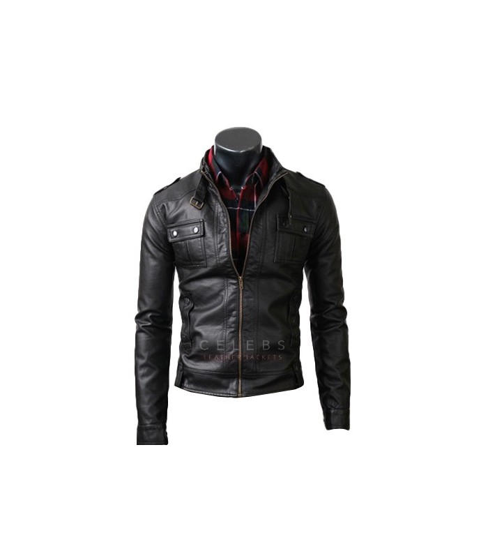 Image for Strap Pocket Slim-Fit Black Leather Jacket with ID of: 3152930