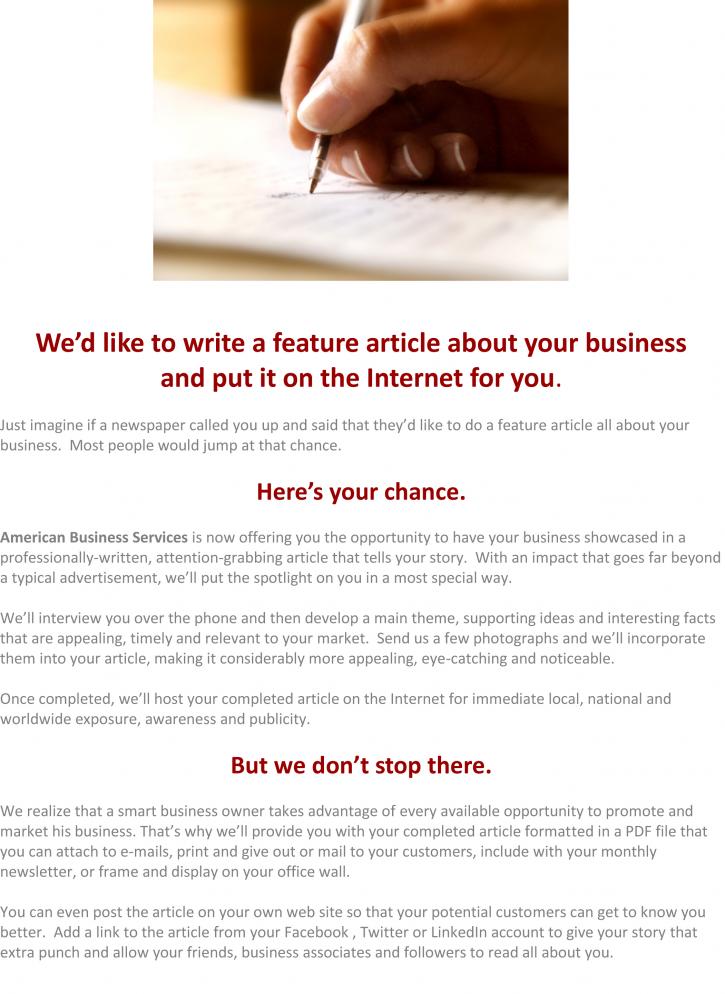 Image for What if we said we'd like to write a feature article about your business? with ID of: 465424
