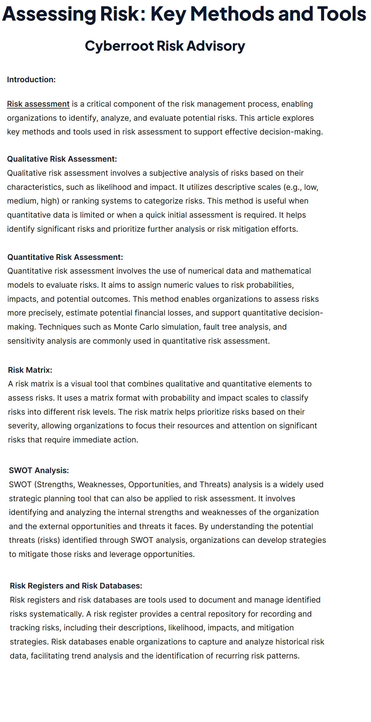 Image for Assessing Risk: Key Methods and Tools | Cyberroot Risk Advisory with ID of: 5712041