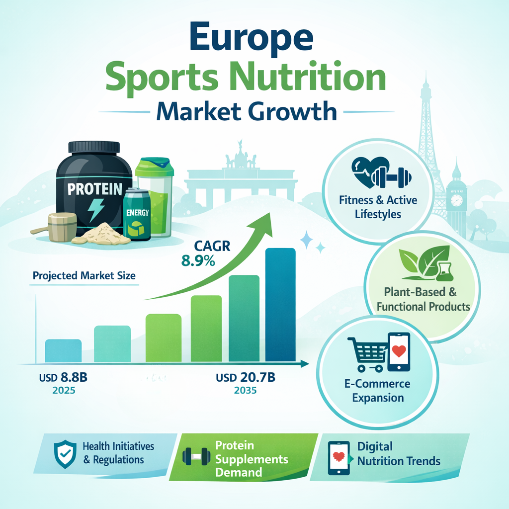 Image for Europe Sports Nutrition Industry Expands at 8.9% CAGR Fueled by Health & Wellness Shift with ID of: 6968528