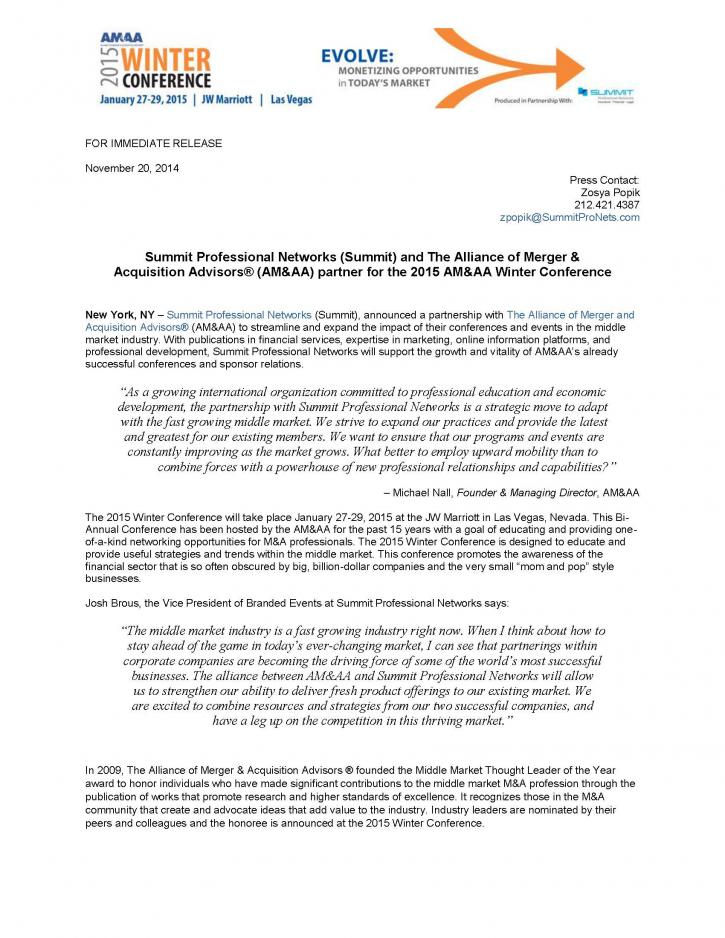 Image for Summit Professional Networks (Summit) and The Alliance of Merger & Acquisition Advisors® (AM&AA) partner for the 2015 AM&AA Winter Conference with ID of: 825959